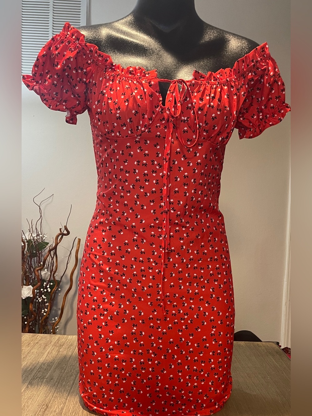 Red Floral Off-Shoulder Midi Dress, Size Medium